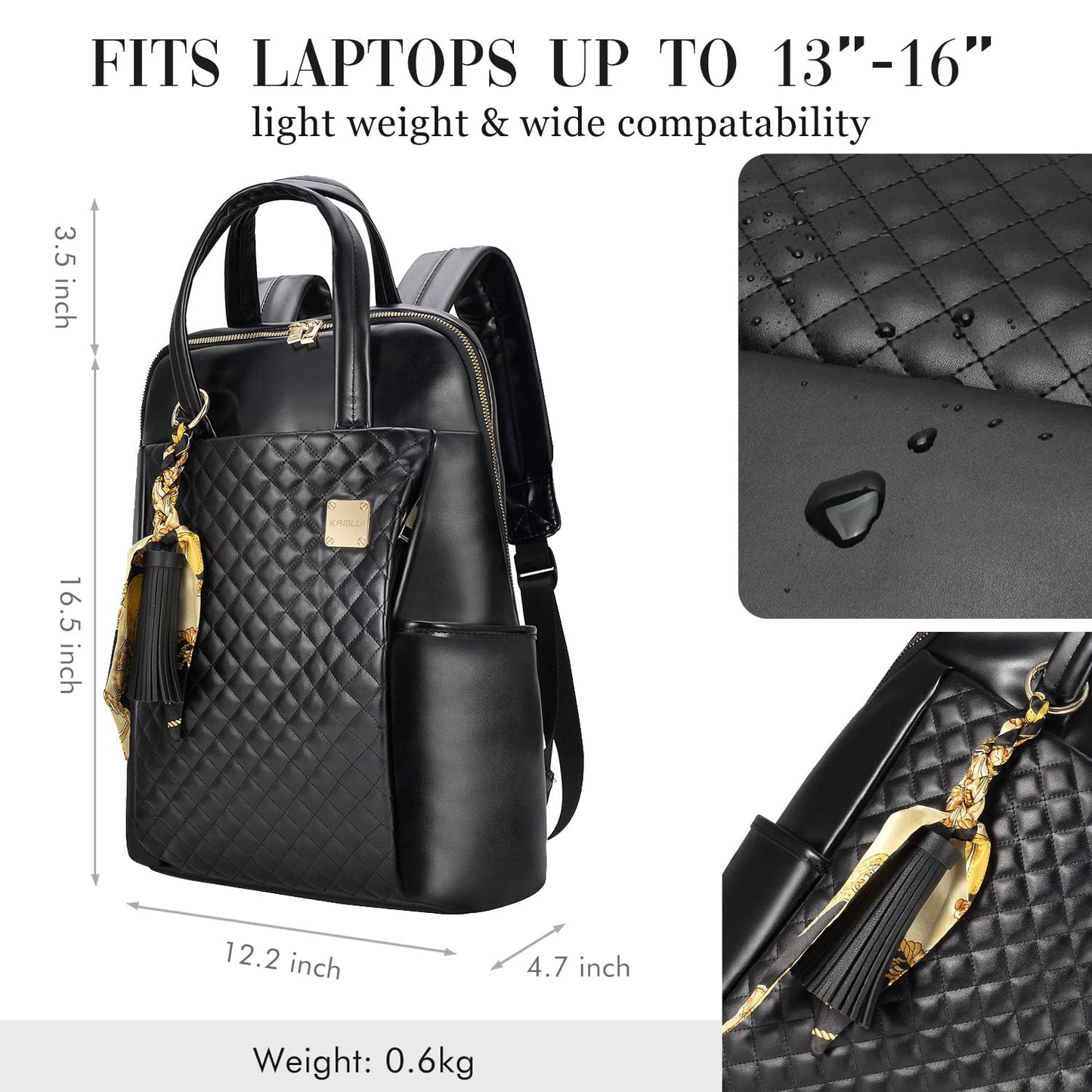 Kamlui Laptop Backpack for Women Slim Travel - Laptop Bag Computer Case Fit up to 15.6-inch Notebook Lightweight Medium Size Purse for Work Bookbag Business Fashion Stylish PU Leather Black