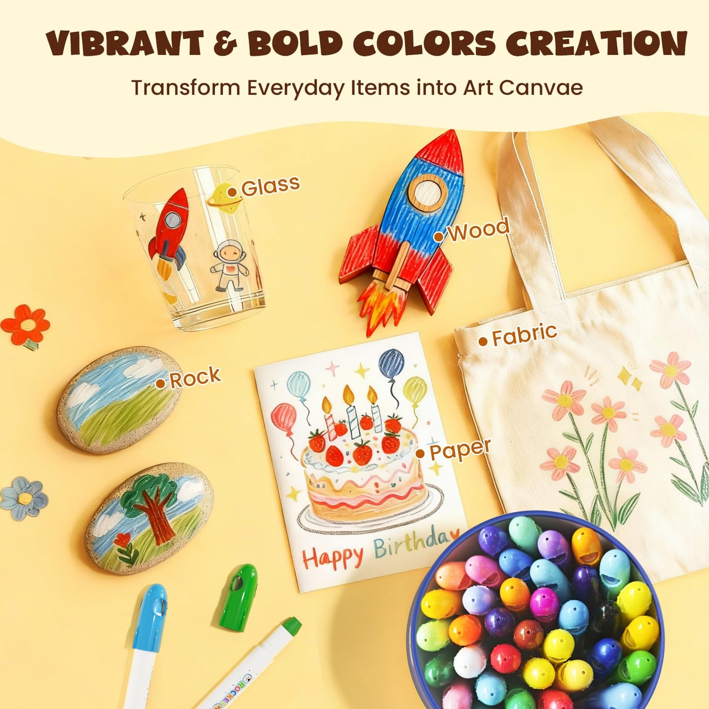 JUPITEARTH 36 Colors Rocket Tempera Paint Sticks with 120 PDF Coloring Pages, Quick Drying, Non-Toxic and Washable Paint Sticks for Kids and Students, Art Supplies for Drawing on Paper and Canvas