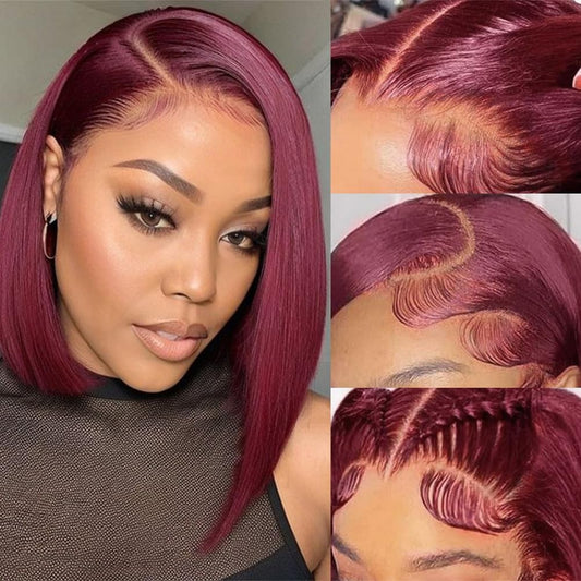 99j Burgundy 4x4 Straight Bob Wig Human Hair Hd Lace Closure Wigs Human Hair Gluless 100% Remy Human Hair for Women Transparent Lace Wig 16 Inch