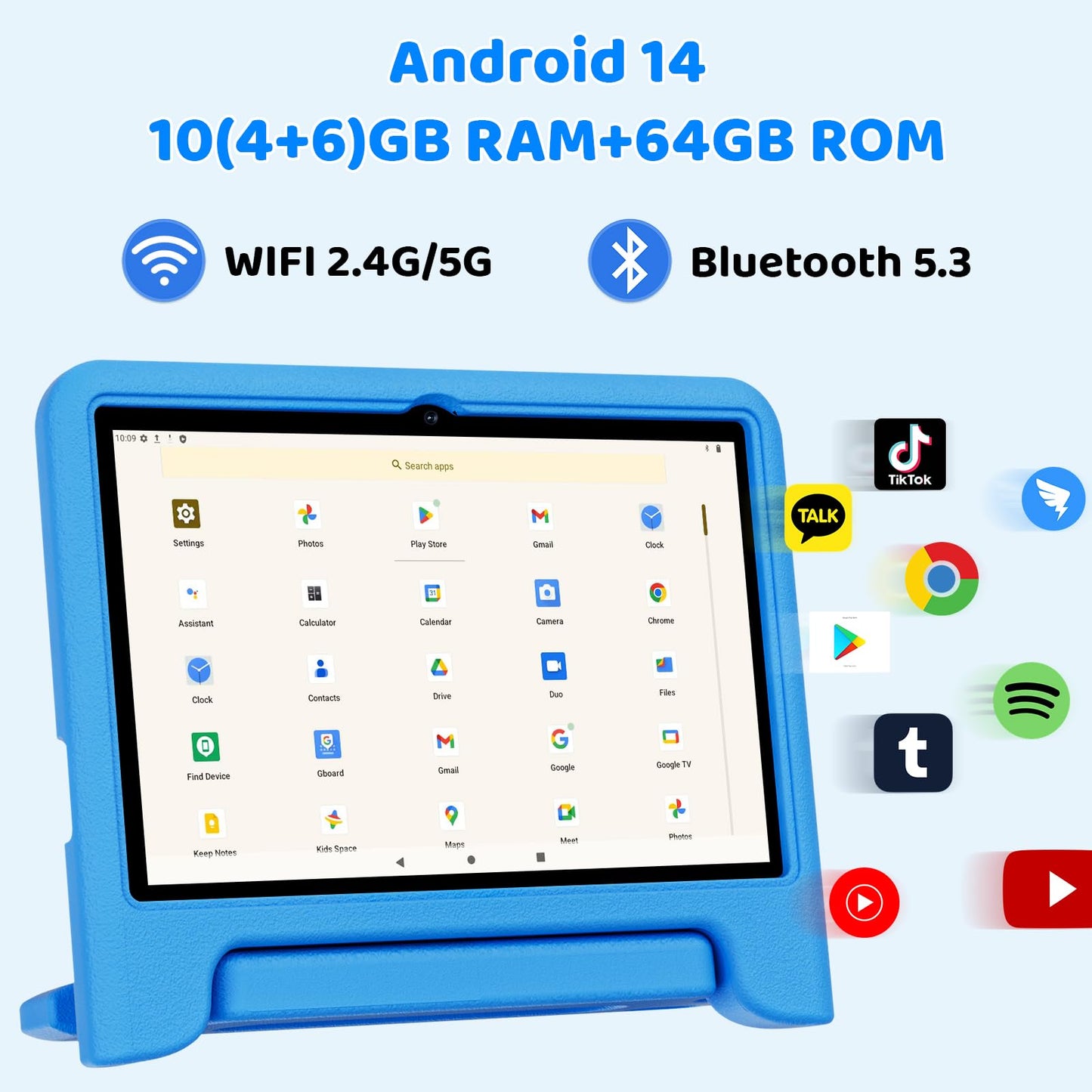 2024 Upgraded Kids Tablet, Octa-core, 10 Inch Android 14 Tablet for Kids with Case, 6000mAh Battery with Kids Space, Parental Control, Dual WiFi6, Kids App Pre-Installed, Great Gift for Children