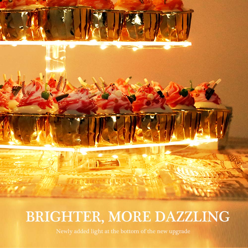 YestBuy Cupcake Stand - Premium Cupcake Holder - Acrylic Cupcake Tower Display - Cady Bar Party Décor - 5 Tier Acrylic Display for Pastry + LED Light String - Ideal for Weddings, Birthday Parties
