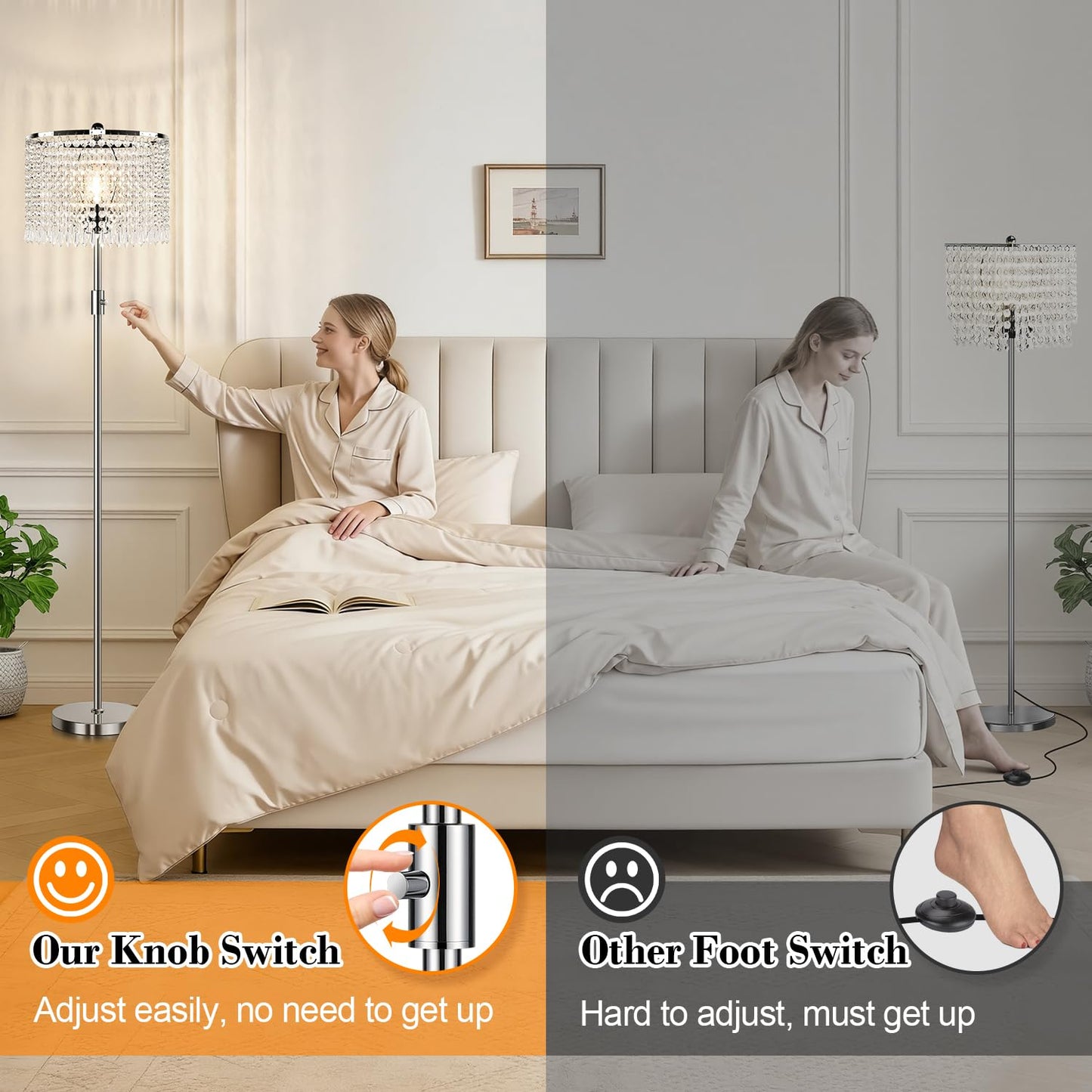 Yemela 【Upgraded】 Dimmable Crystal Floor Lamps for Living Room, 1000LM LED Bulb Included, Standing Lamp with Knob Switch, Tall Silver Modern Floor Lamp for Bedroom Nursery Office Reading