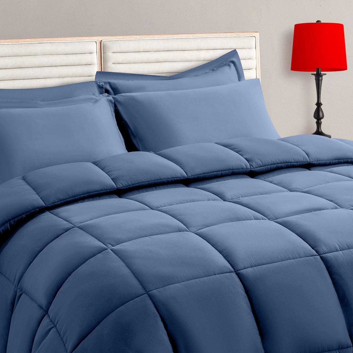 TAIMIT Slate Blue Twin Size Comforter Set - 5 Pieces, Bed in a Bag Bedding Sets with All Season Soft Quilted Warm Fluffy Reversible Comforter,Flat Sheet,Fitted Sheet,1 Pillow Shams,1 Pillowcases