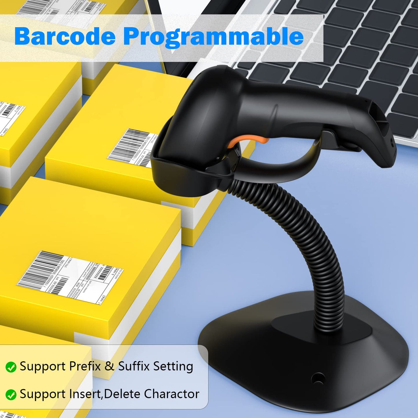 Symcode Bluetooth Wireless Barcode Scanner with Auto-Sensing Stand,Putting on Stand to Scan Automatically Sense Scanning 2D QR Bluetooth Barcode Scanner with Battery Level Indicator More-to-one Mode