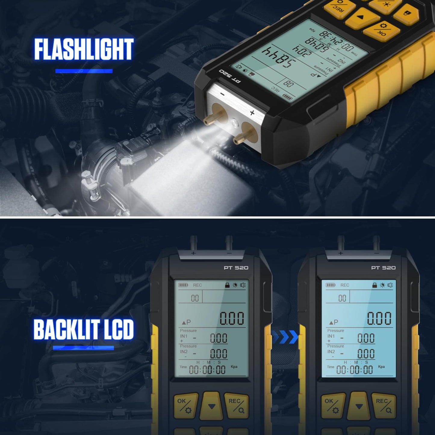 AUTOOL Manometer Gas Pressure Tester,Digital Manometer HVAC,10 Units Differential Dual Port Pressure Gauge -100 to 200Kpa,Data Zeroing with Backlight LCD Display