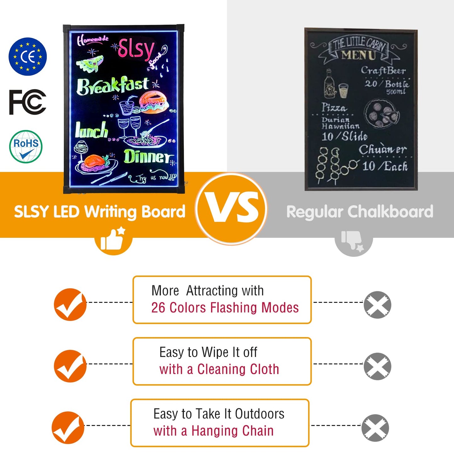 Slsy Illuminated LED Message Writing Board, 24''X16 Erasable Neon Effect Menu Sign Board with 8 Fluorescent Makers, 26 Flashing Modes LED Message Board