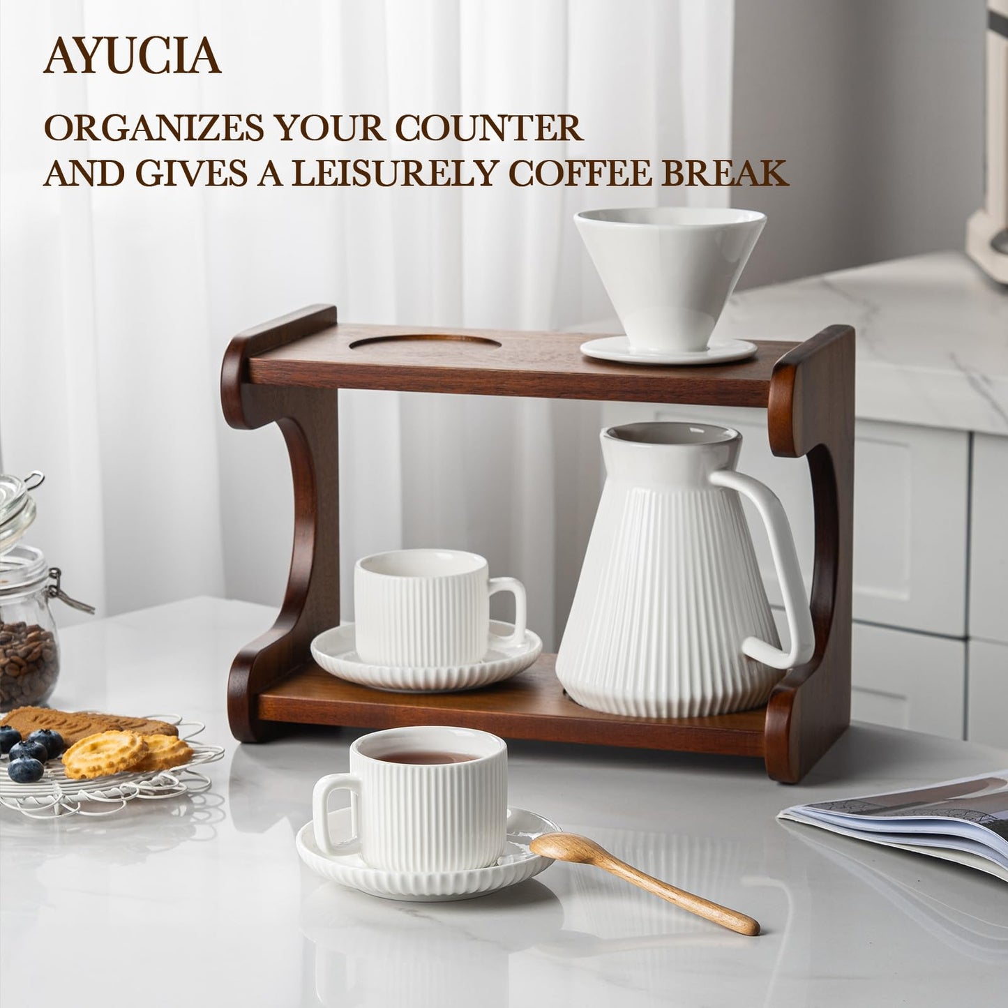 AYUCIA Pour Over Coffee Maker Set, 22OZ Ceramic Pour Over Coffee Dripper with Acacia Wood Stand and 5OZ Cups and Saucers Set of 2, Size 02