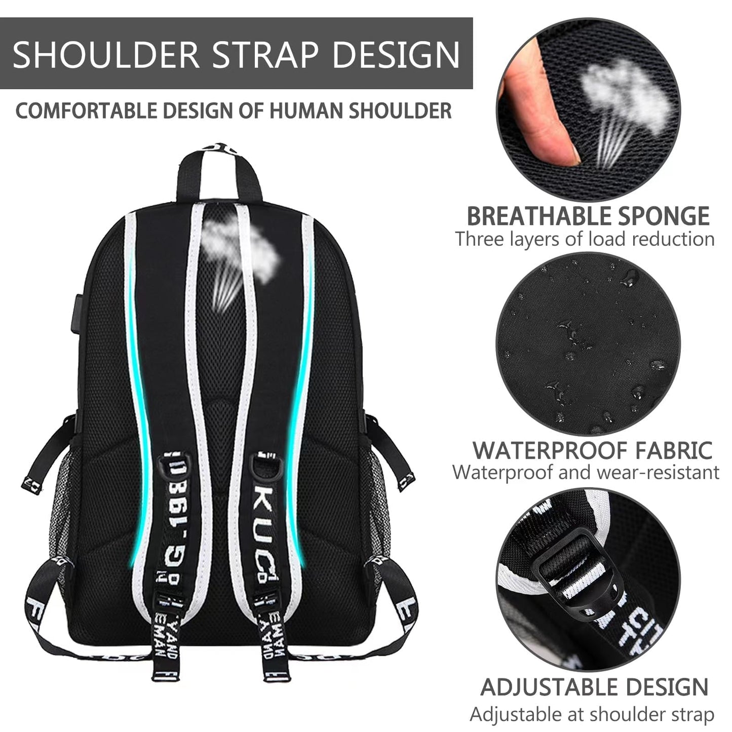 ASXMA Luminous Pattern Travel Laptop Backpack - Adjustable Shoulder Strap Waterproof Black Backpack With Usb Charging Port & Headphone Port School Backpack Includes Pencil Bag,combination Lock