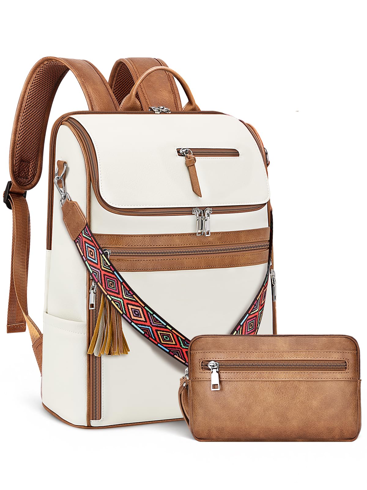 SYTRAH Leather Laptop Backpack for Women Designer Laptop Bag, 16.5 inch Travel Computer Backpacks Purse with Tassel for Work Business with Satchel Purse Beige Brown