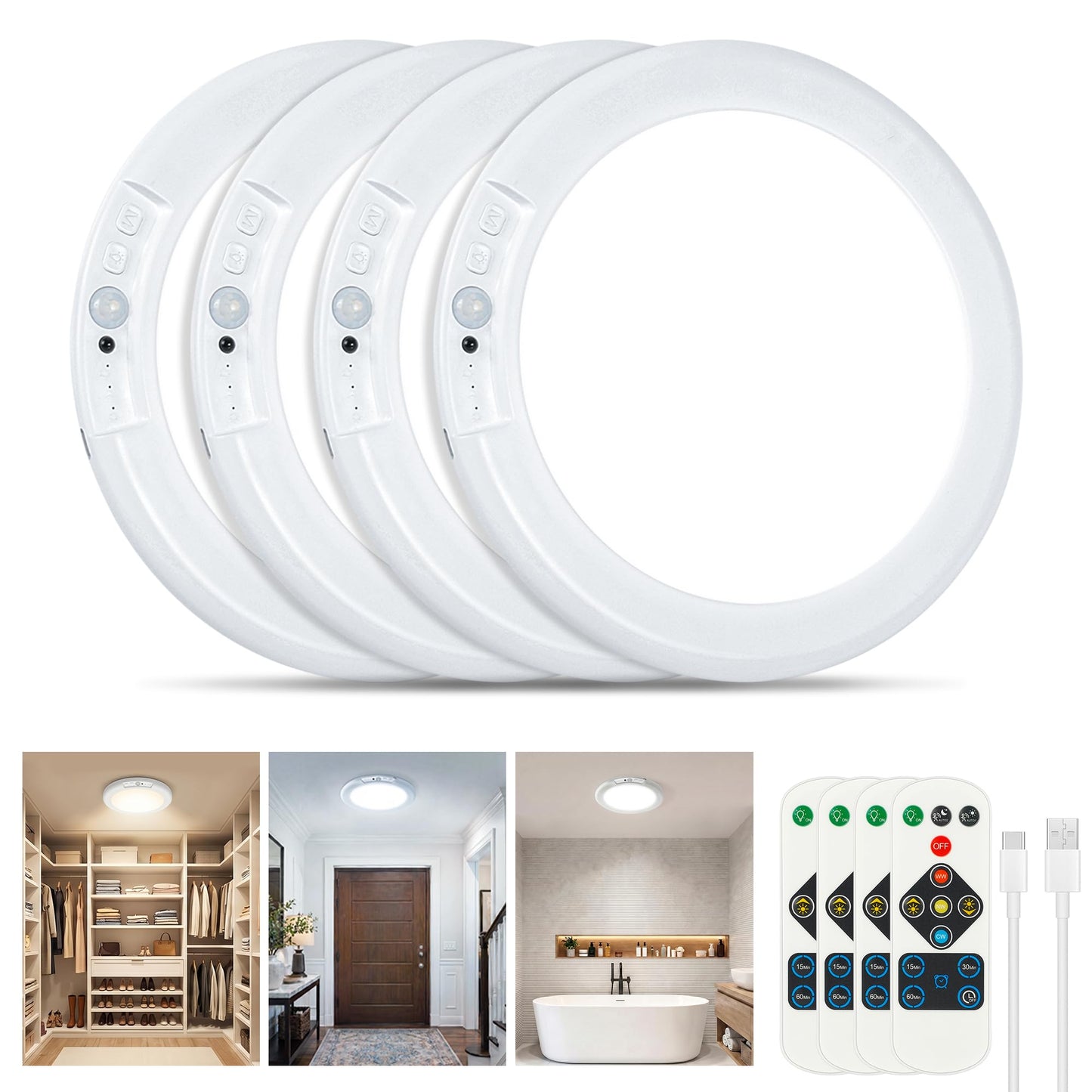 Rechargeable Ceiling Light 4 Pack, Magnetic Motion Sensor Ceiling Lights with Remote, Wireless Dimmable Closet Light Battery Operated, LED Ceiling Light for Bathroom Hallway Pantry Shed Porch Stairs