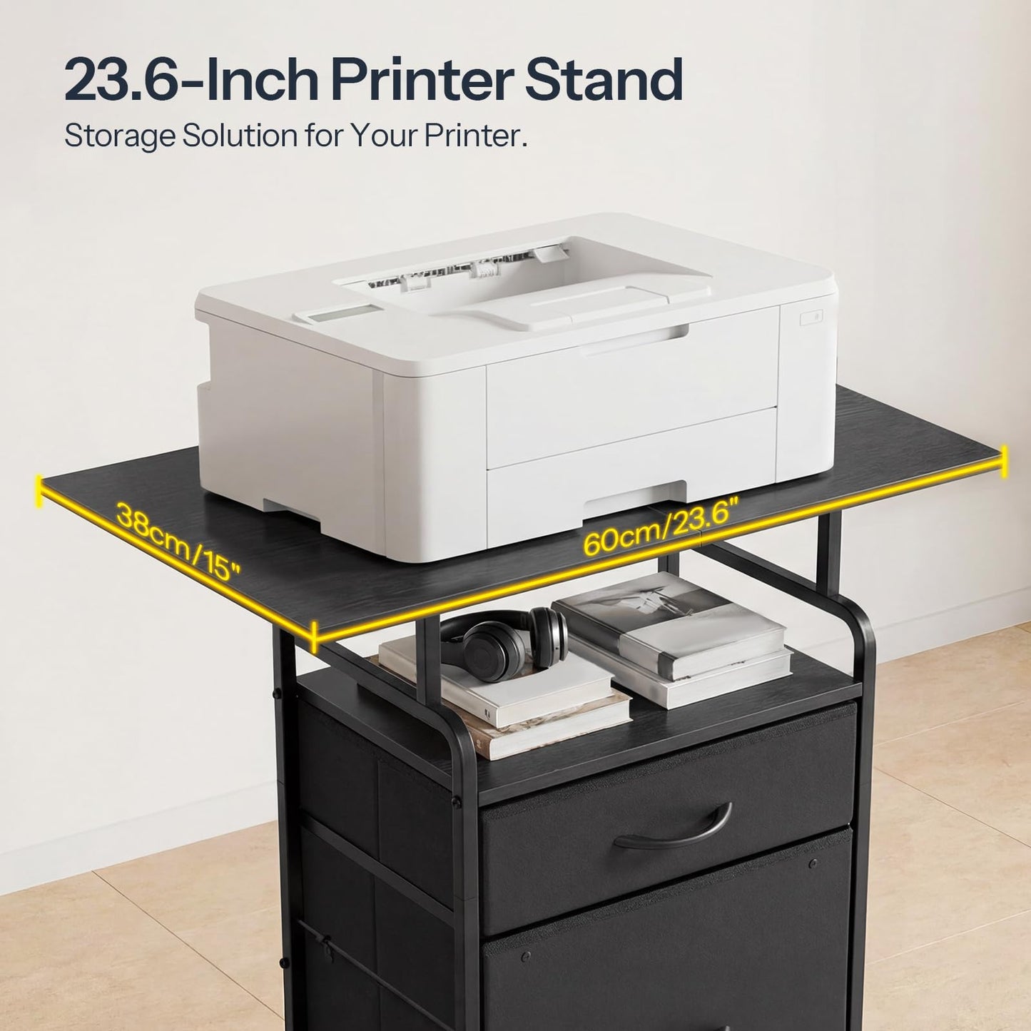 HOOBRO Printer Stand, Printer Table with Drawers, Mobile Filing Cabinet with Charging Station, Printer Cart for Home Office, Living Room, Black BB15UPS01