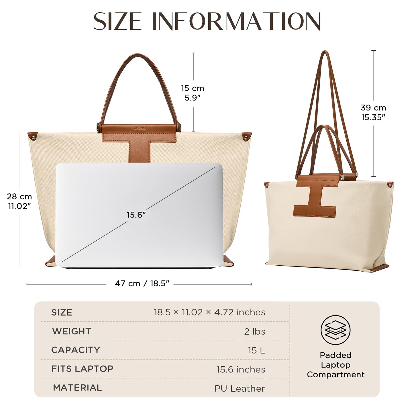 CHUNLI Laptop Tote for Women 15.6 Inch - Professional Work Bag & Structured Business Briefcase, Lightweight Canvas-Look Leather Computer Bag for Office, Teacher