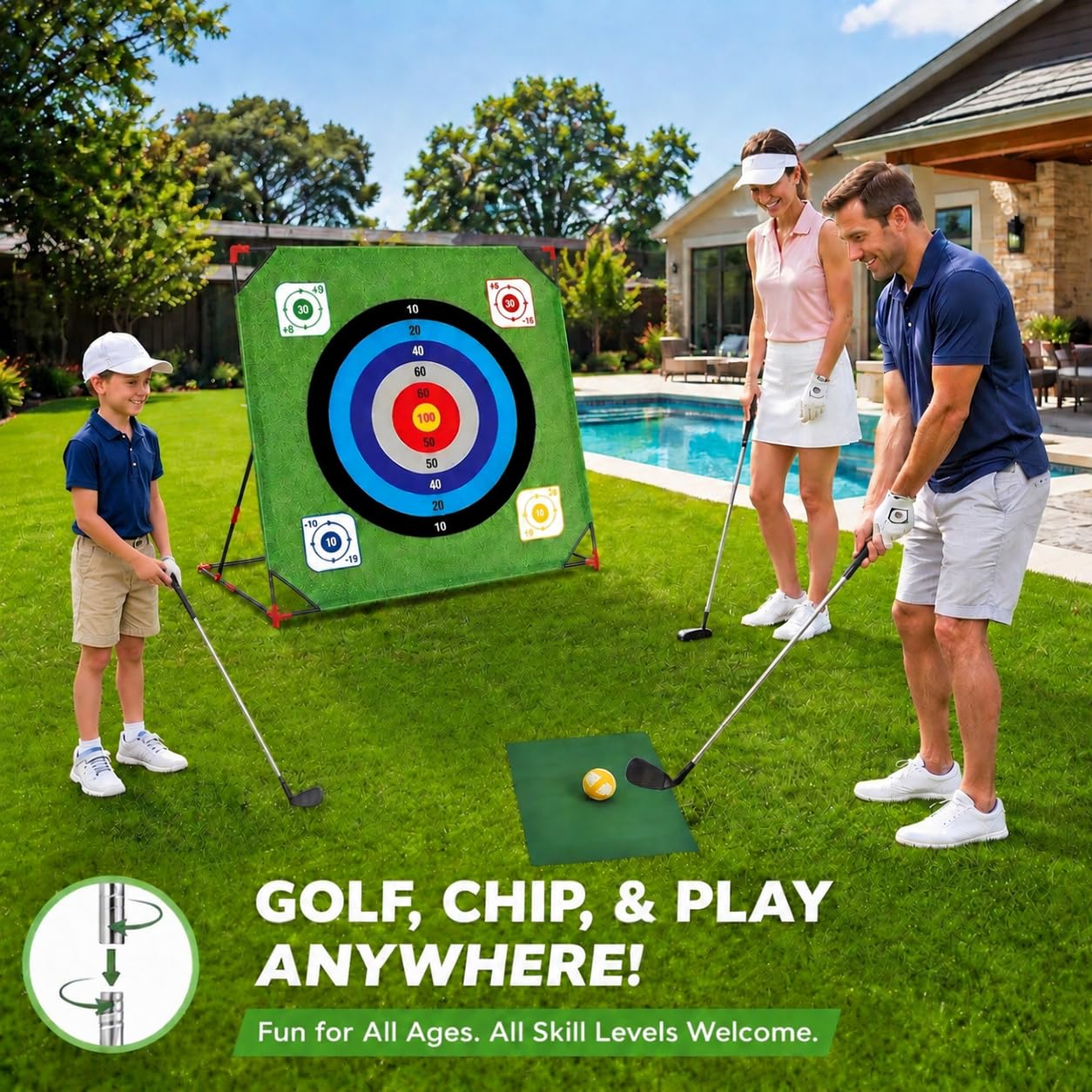 Yoyoom Golf Chipping Game with Stand, 4 in 1 Battle Golf Game with Putting Mat, 16 Sticky Balls, 8 Bean Bags, 6 Axes, 2 Soccer Balls, Indoor Outdoor Chip Sticky Practice Set for Teen & Adult