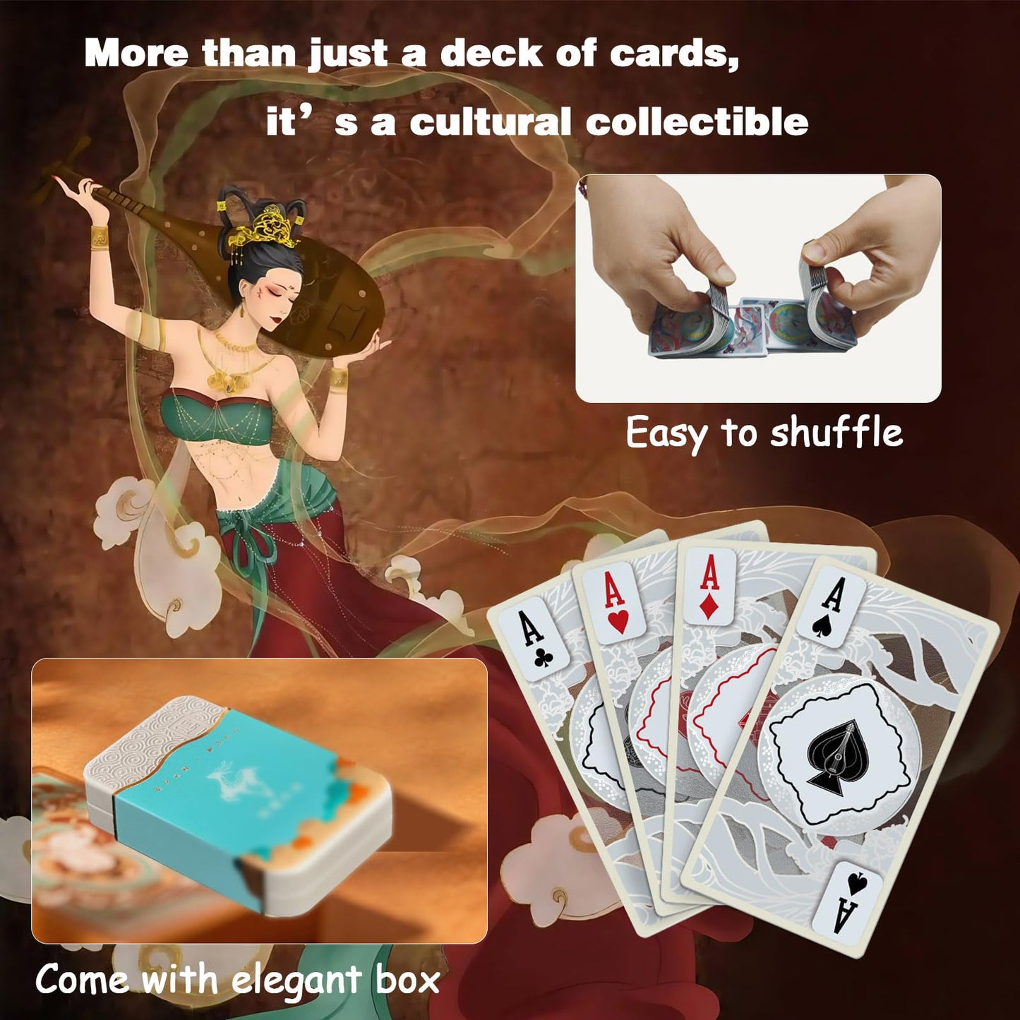 Ben Niu Feitian Oriental-Inspired Waterproof Clear Playing Cards Box – PVC Clear Deck, Shimmering Gold/Silver Edges, Unique Collectible for Game Nights, Pool Parties(Silver)