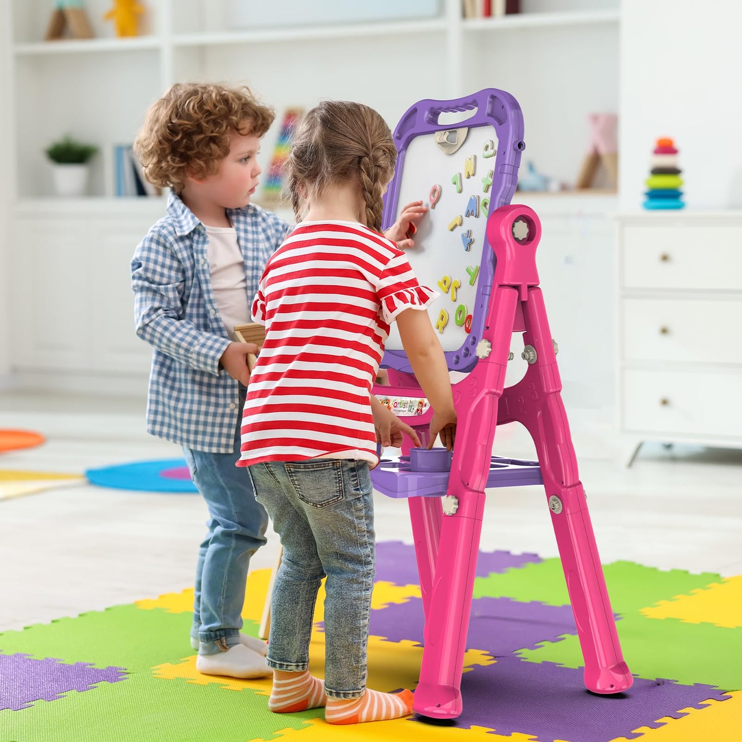 Amagoing Easel for Kids for Age 2-4, Adjustable Standing Art Easel for Toddler, Double Magnetic Drawing Board with Painting Accessories, Birthday Christmas Gift Toy for Little Boys and Girls 3 4 5 (Purple)