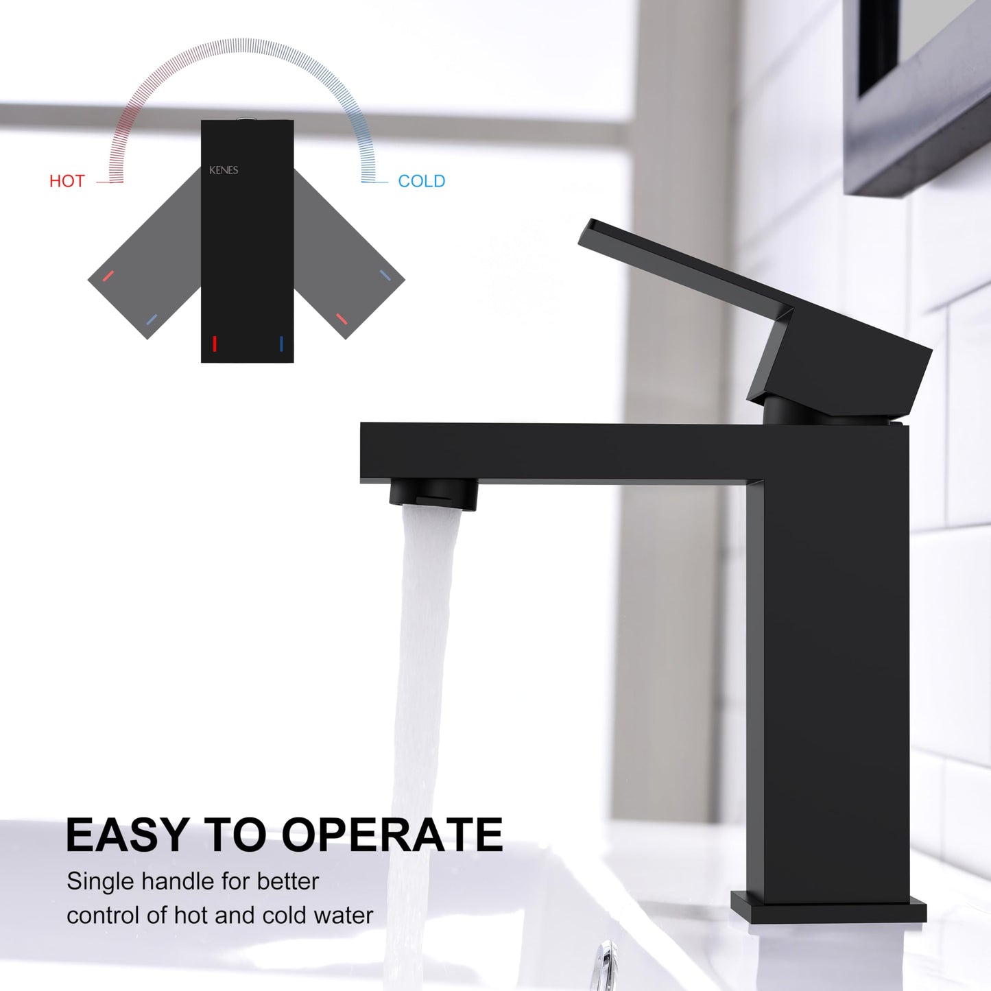 KENES Matte Black Single Handle Bathroom Sink Faucet, Stainless Steel Vanity Faucet for Bathroom Sink, with Pop Up Drain Stopper & Water Supply Hoses LJ-9031-2