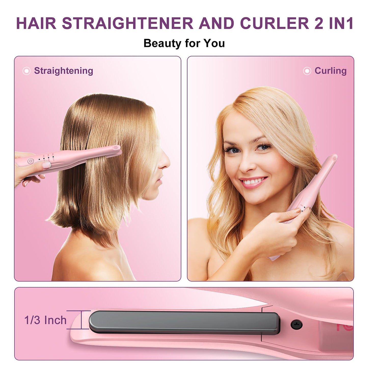 2Pcs Pink Cordless Portable Hair Straightener and Travel Hair Straightener Brush Set with Carrying Case, Hair Straightening Irons and Hot-Air Hair Brushes Set for Beauty and Personal Care