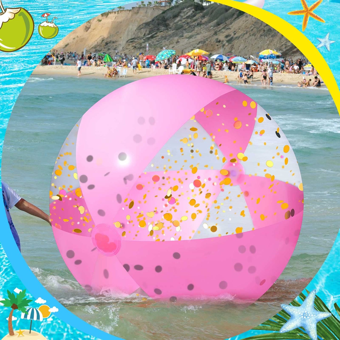 Sosation Giant Pink Inflatable Beach Ball Large Glitter Beach Ball UV Resistant Jumbo Swimming Pool Balls Clear Confetti with a Repair Tape Floatable Balls for Swimming Pool Party Decor
