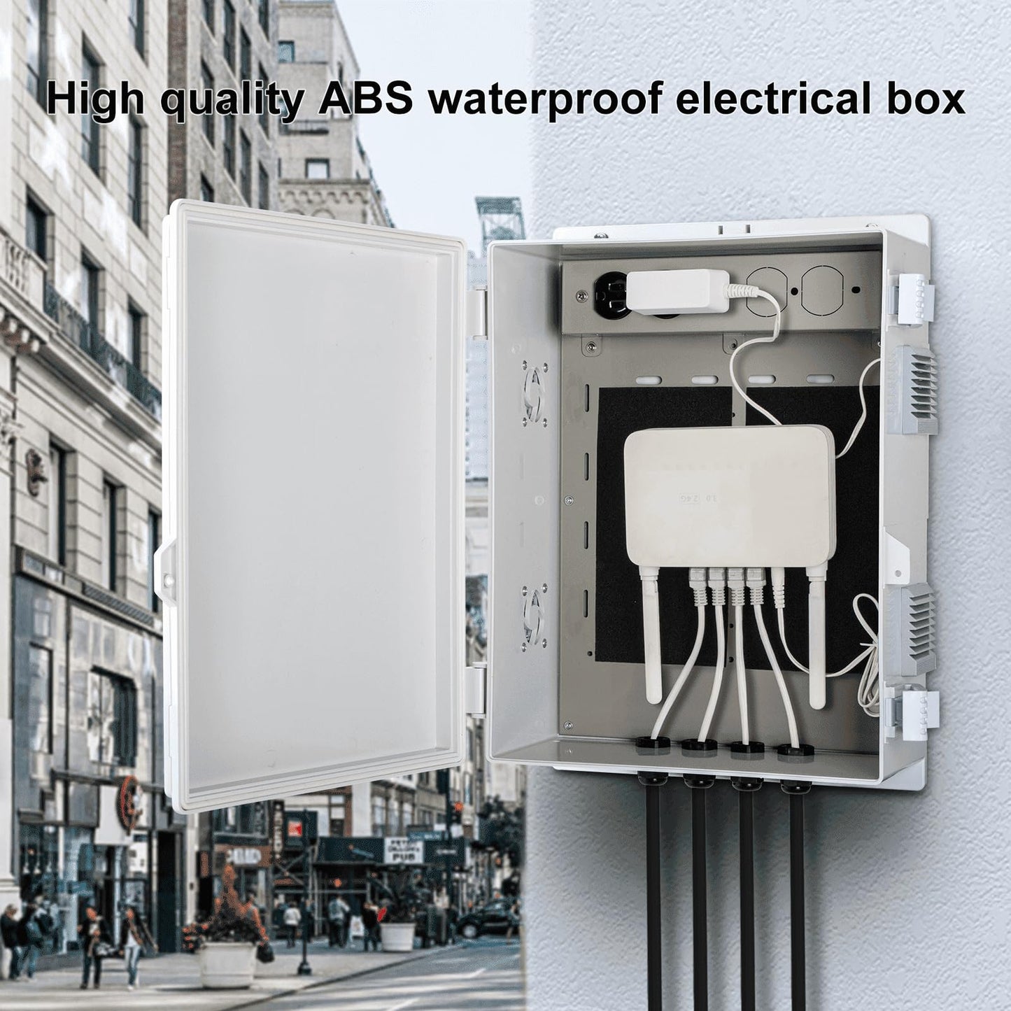 Namunanee Outdoor Electrical Junction Box with High Power Outlet, 16"H* 12"L* 5.9"W, ABS Water Resistant Enclosure with Internal Mounting Panel & Hinged Cover.
