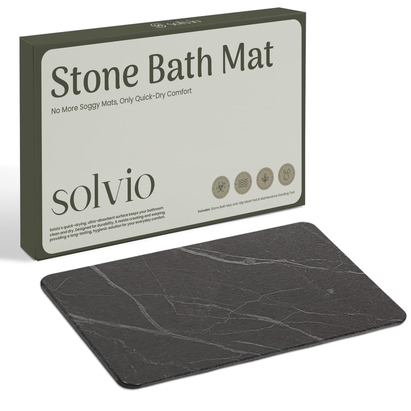 Solvio Quick Dry Shower Stone Bath Mat, Super Absorbent & Non-Slip 24 x 16 Inch Diatomaceous Earth Mat, Durable & Easy to Clean Diatomite Bath Mat for Bathroom Floor/Kitchen (Charcoal)