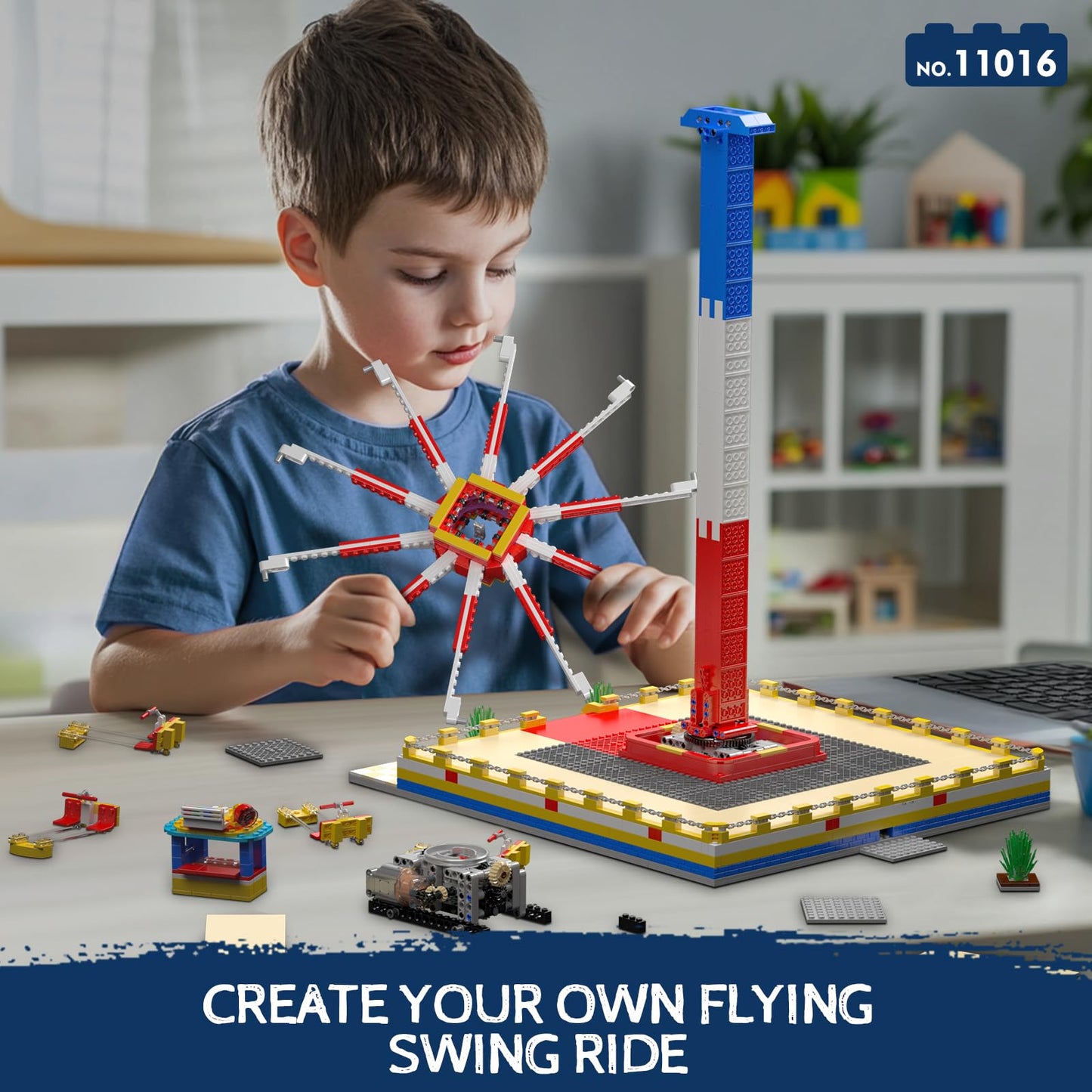 Mould King Flying Swing Ride Building Set, Rotating Flying Chair Amusement Park Model Kit, City Construction Building Blocks Set, Home Decoration Gift for Teens, Adults(1581 Pcs)
