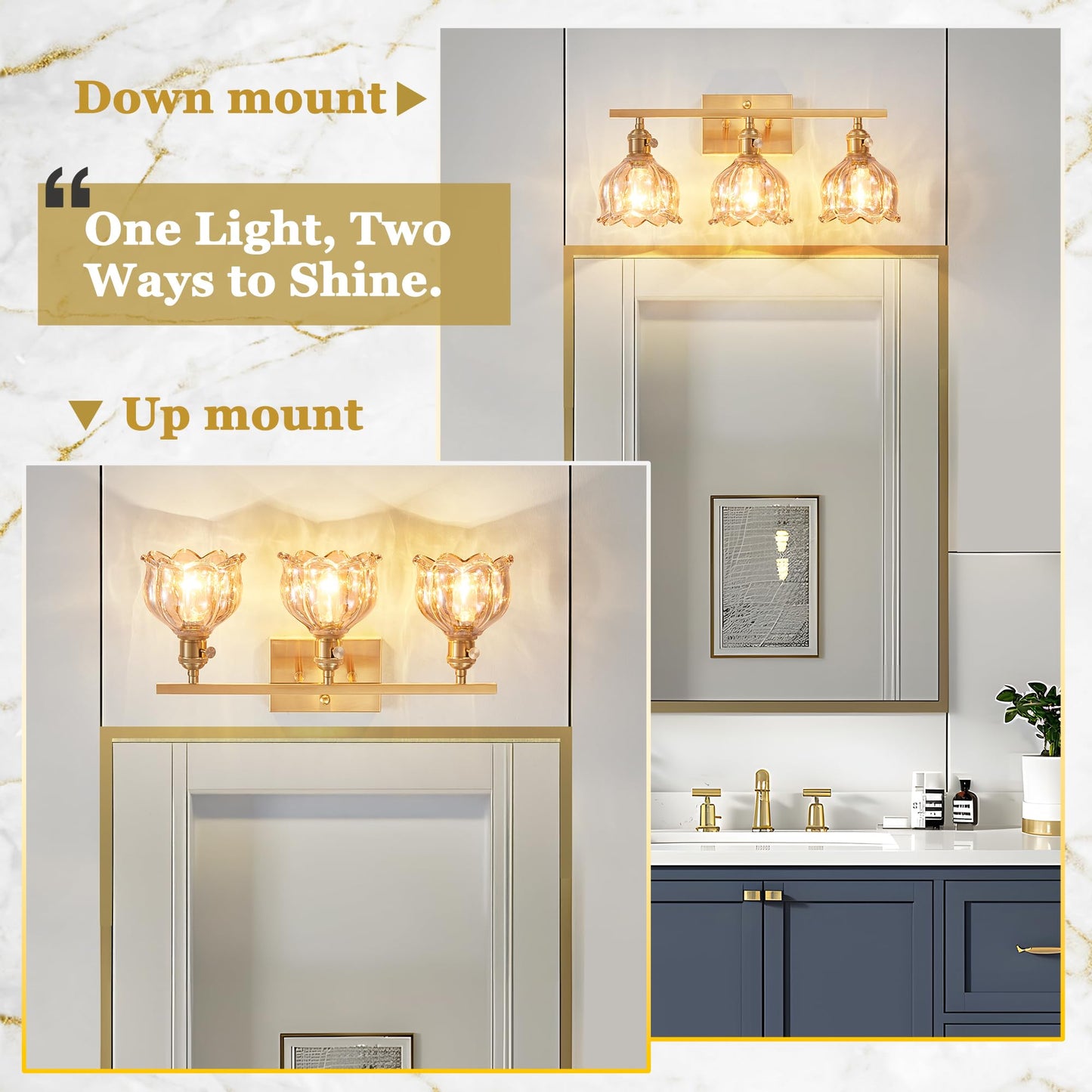 3-Light Amber Tulip Glass Vanity Light, Brushed Gold Vintage Bathroom Wall Sconce, 19.4" Antique Brass Hardwired Wall Lamp for Mirror, Powder Room, Bedroom (Individual Switches, Bulbs Not Included)