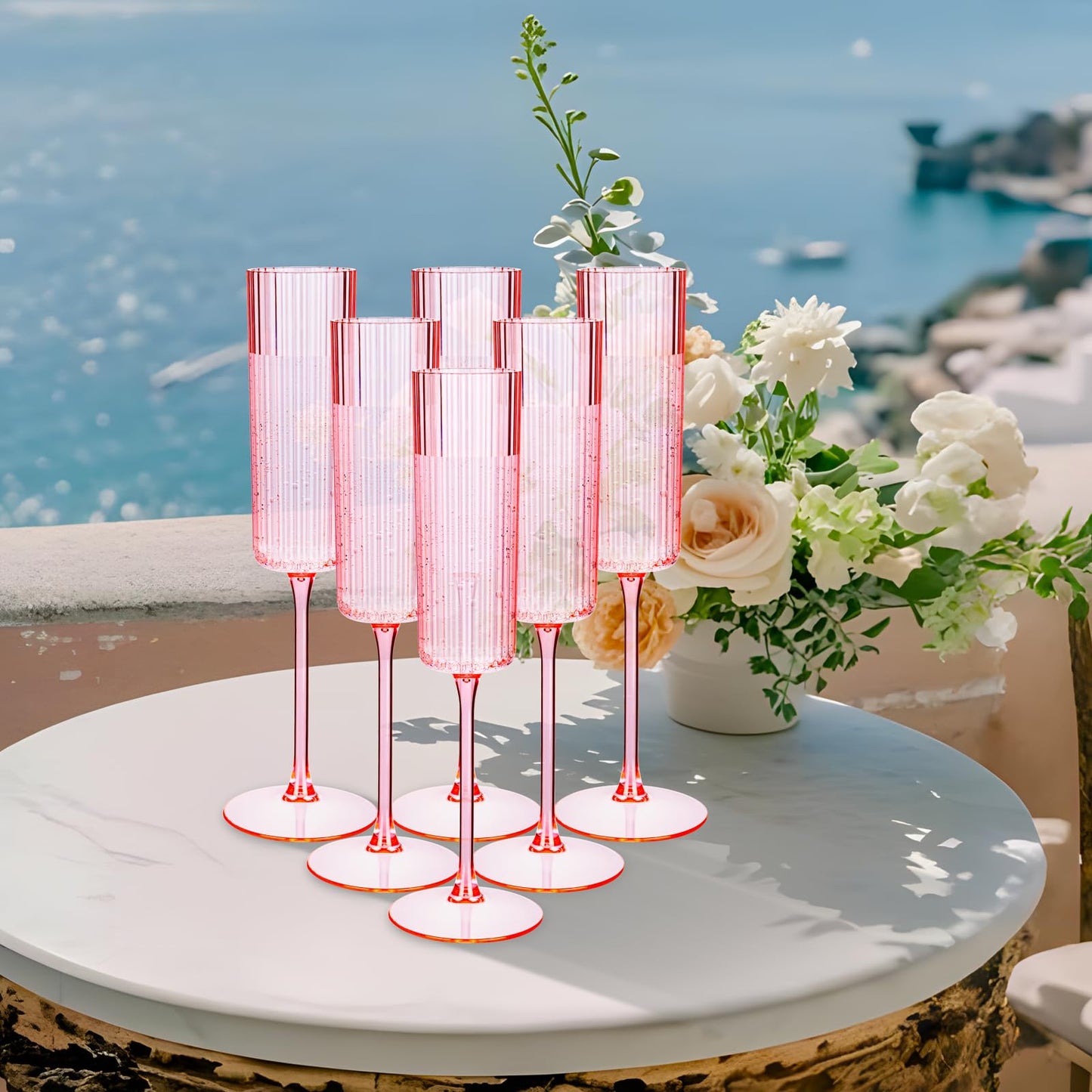 Joyido 36 Pack Pink Plastic Champagne Flutes - 6oz Ribbed Disposable Champagne Glasses - Clear Pink Vintage Mimosa Glasses with Long Stem Elegant & Lightweight for Wedding Party
