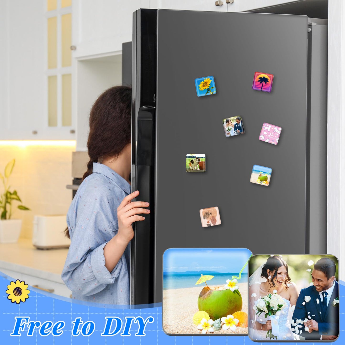 Teenyyou 200 Sets 50mm/ 2 Inch Button Press Supplies Square Button Parts DIY Fridge Magnets Craft Set Including Magnet, Metal Cover, Plastic Back Cover, Pins, Transparent Film, Blank Paper (Plastic)