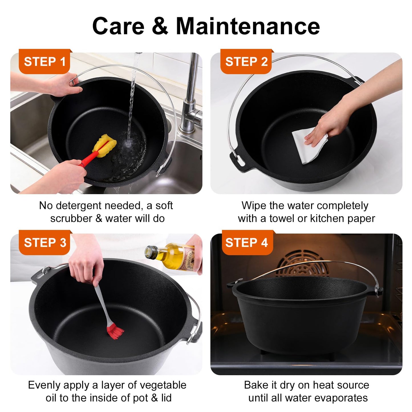 Blingco Pre-Seasoned Cast Iron 8QT Camp Dutch Oven with Lid, Large Camping Dutch Oven Pot, incl. Lid Lifter - Dual Handles - for Outdoor Campfire, Grill, Oven & Stovetop Cooking-Black