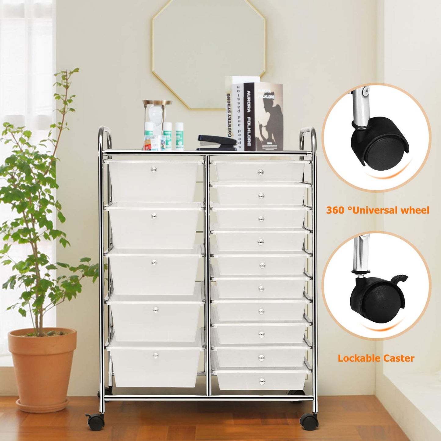 Fireflowery Rolling Cart with Drawers, Multipurpose Movable Craft Storage Cart, Plastic Utility Cart with Drawers for Rolling Cart for Teachers, Rolling Drawers for Home, School, Office (Clear)