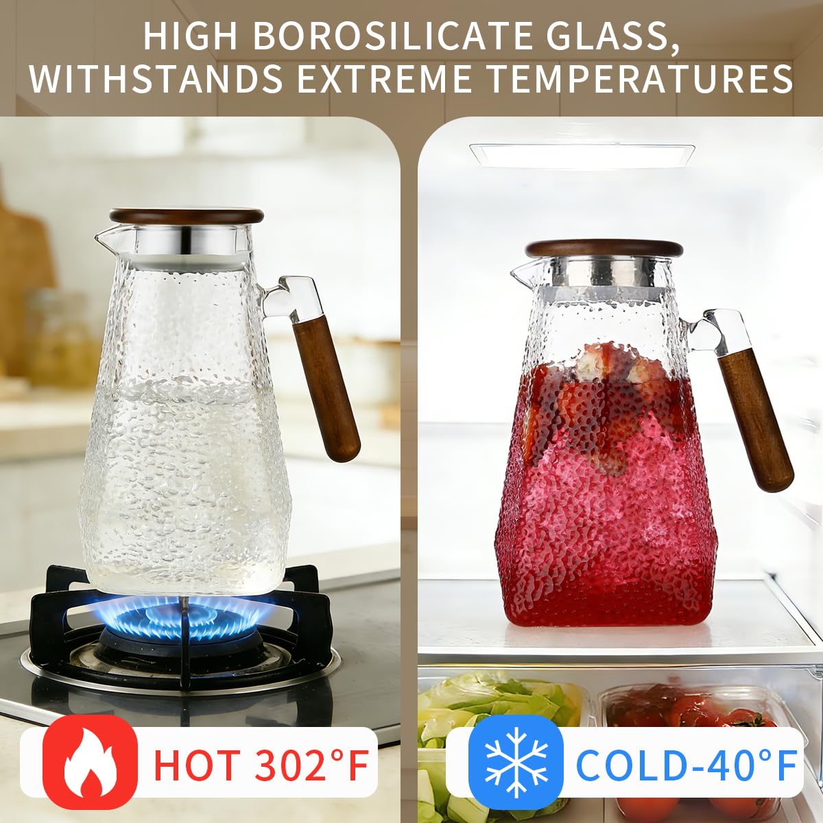 Borosilicate Glass Pitcher With Lid,1.8 Liter All-Purpose Heat-Resistant Carafe with Handle, Jug，for Iced Tea, Coffee, Juice, Milk, Fruit Infusions (Hot & Cold) (hammered texture, 60 oz)