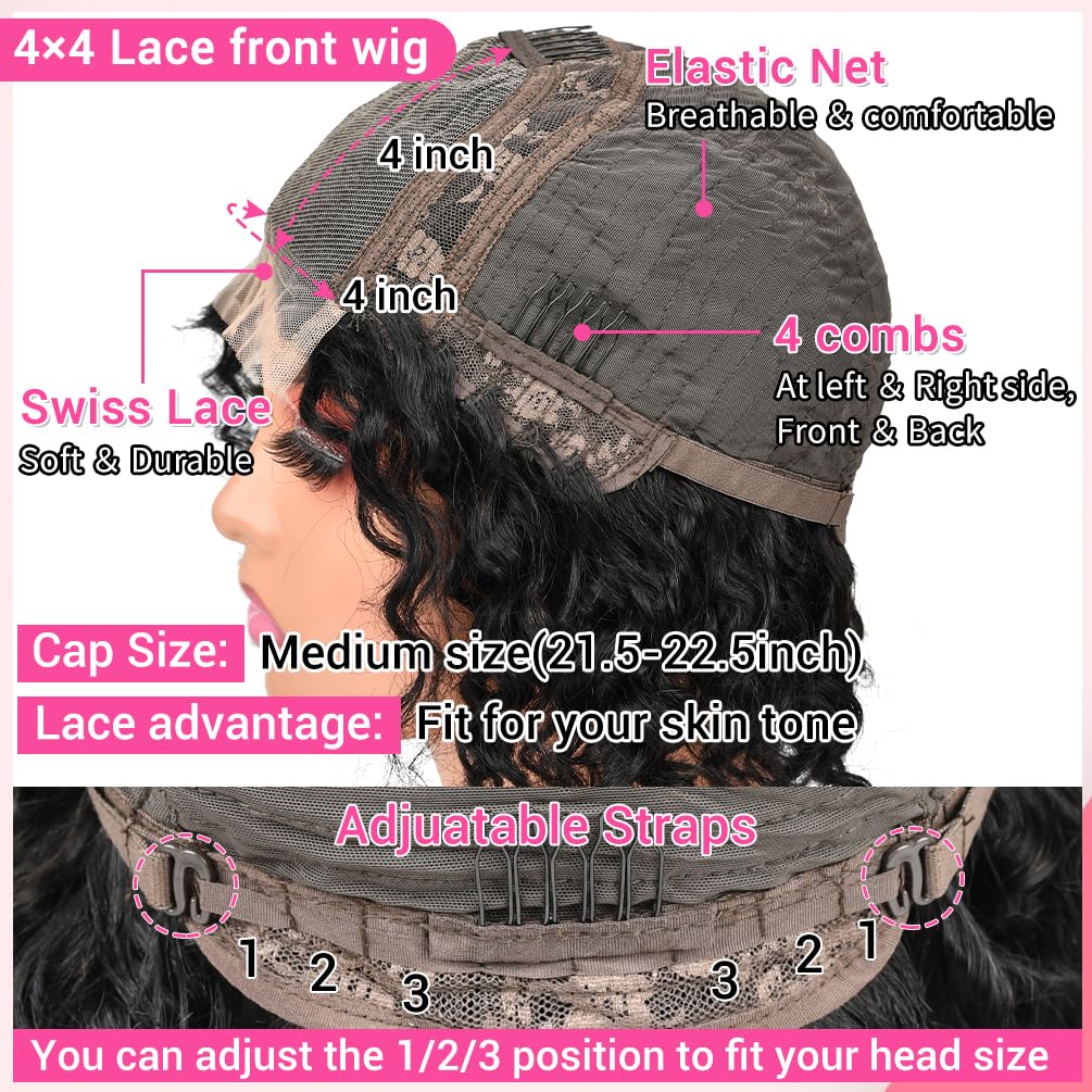 Amygirl Wear and Go Glueless Wigs Human Hair Pre Plucked Pre Cut Bob 4x4 Curly Wave Lace Front Wig 180% Density No Glue Human Hair Wigs for Black Women, Natural Black 1B, 8 Inch