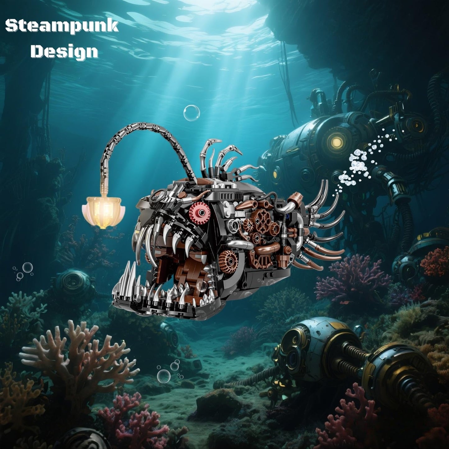 PIVONAX Mechanical Angler Fish Building Block Set - STEM Toys for Boys & Girls 8-14+, Deep Sea Ocean Creature Kit, Home/Office Decor with Light, Great Gift for Kids & Adults(1038+Pieces)