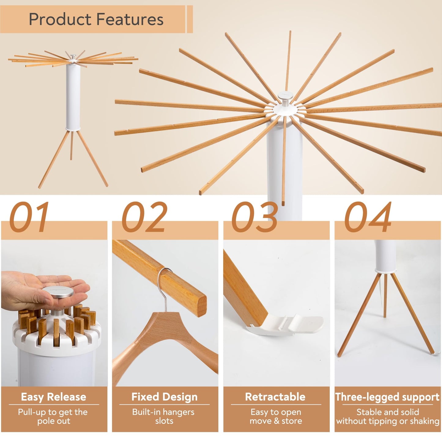 ZOFGENOW Clothes Drying Rack, Foldable Wooden Tripod Drying Rack Clothing for Small Apartments Balcony Bedroom, Portable Space Saving Laundry Rack, Floor Standing with 16 Poles for Indoor Air Drying