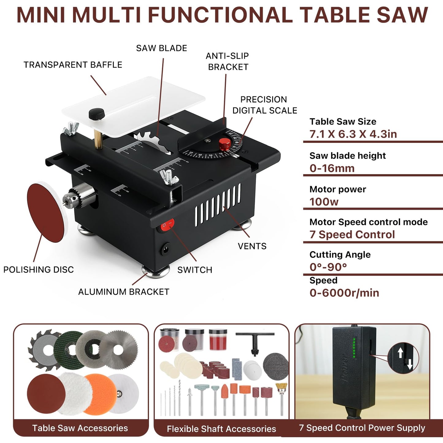 YSJWAER Mini Small Multi-Functional Table-Saw - Portable Crafts Table Saw Speed Angle Cutting Depth Adjustable Cutting Sanding Engraving for Wood Acrylic PCB Plastic