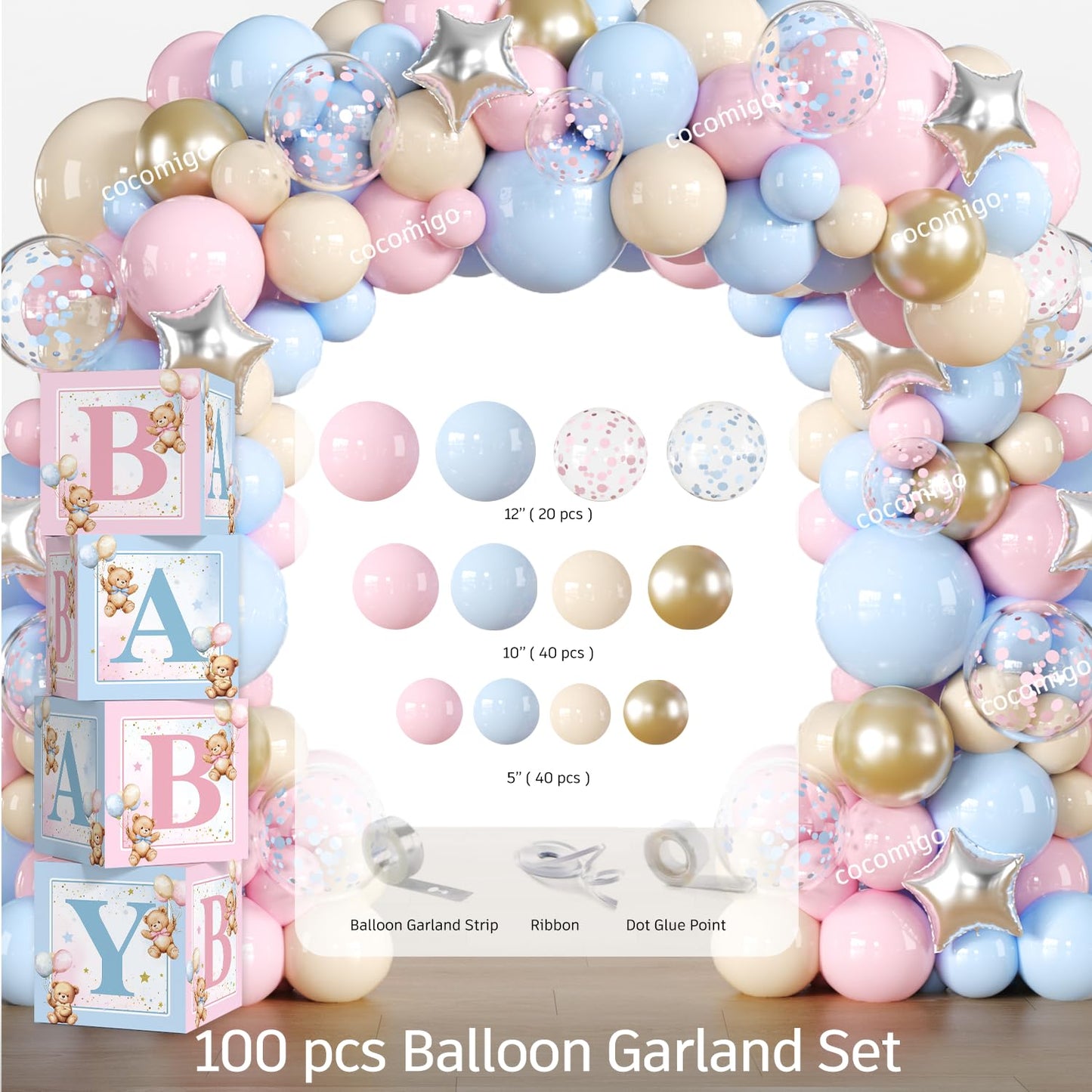 cocomigo 232pcs Bear Gender Reveal Decorations Complete Party Set, Serves 20 Guests, He or She Baby Gender Reveal Decorations, Boy or Girl Revelacion de Sexo de Bebe
