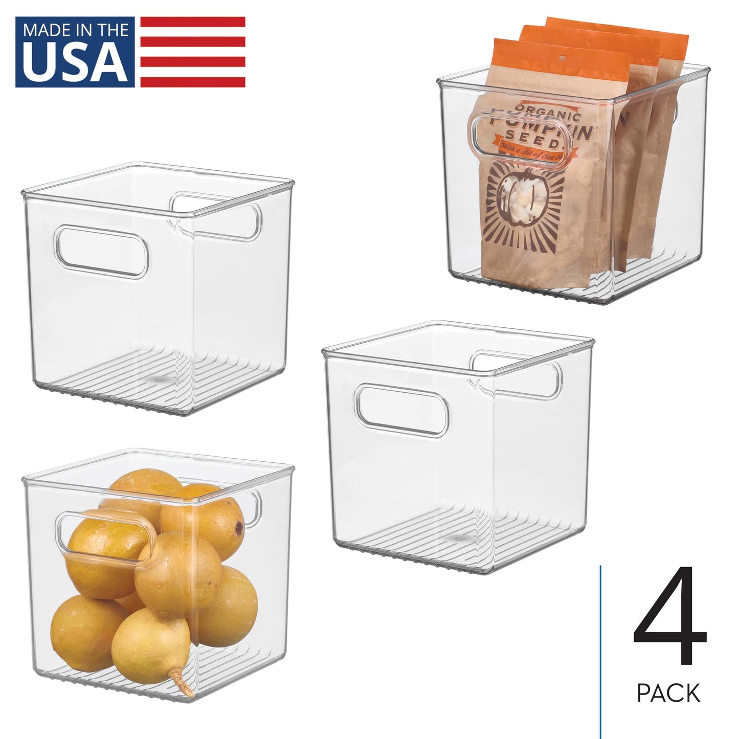 iDesign Storage Bin with Handles - Cube Organizer Bin for Pantry, Set of 4, Clear, Made in USA
