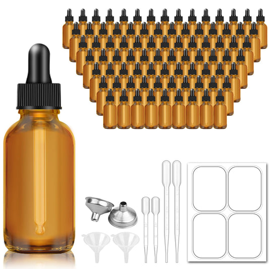 Bumobum 1oz Dropper Bottles for Essential Oils, 100 Pack 30ml Amber Glass Tincture Bottles with Eye Dropper, 10 Funnel and 10 Long Dropper for Travel, Home use