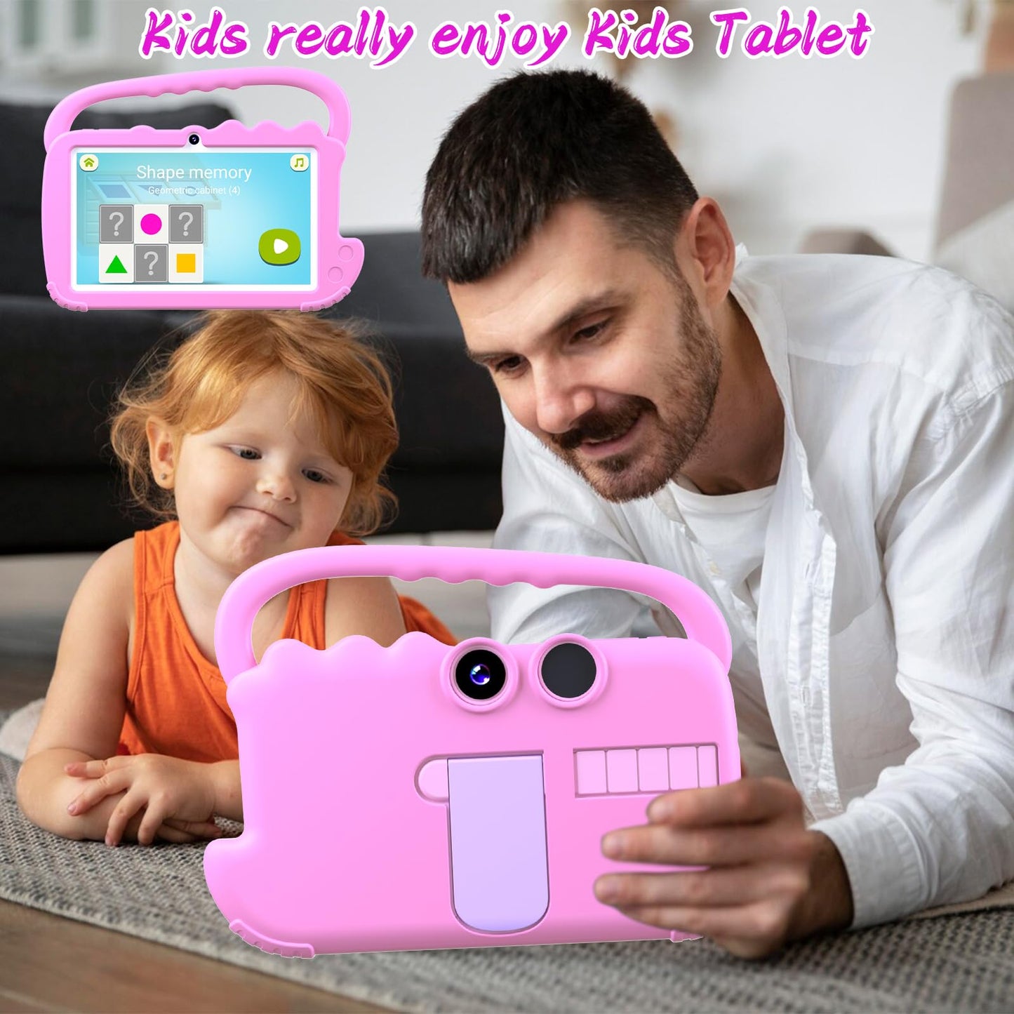 YQSAVIOR Kids Tablet, 7inch 4 GB RAM | Android 12 | 32GB ROM | Bluetooth, IPS Screen, Parental Control, Dual Camera, Shockproof Case | Educational, Games, Pink Case
