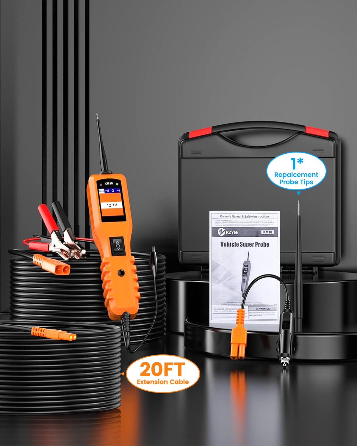 KZYEE KM10 Power Circuit Probe Kit, 12V 24V Circuit Breaker Finder, Digital Voltage Tester, AC DC Diode Resistance, Current Probe, Automotive Electrical Activate Component Tool, 20FT+20FT Cable