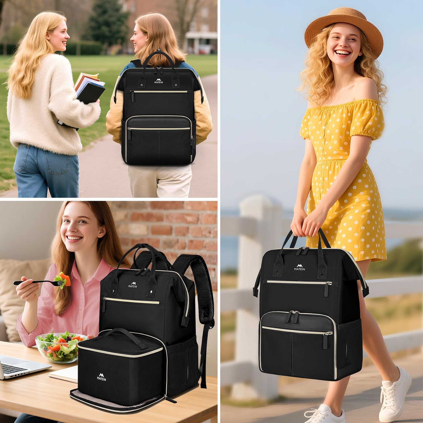 MATEIN Lunch Backpack, 17.3 Inch Laptop Backpack with Lunch Box, Stylish Nurse, Teacher Work Backpacks with Insulated Compartment, Meal Prep Bag for Women Men Commute Outdoor Picnic Camping, 2Pcs Set