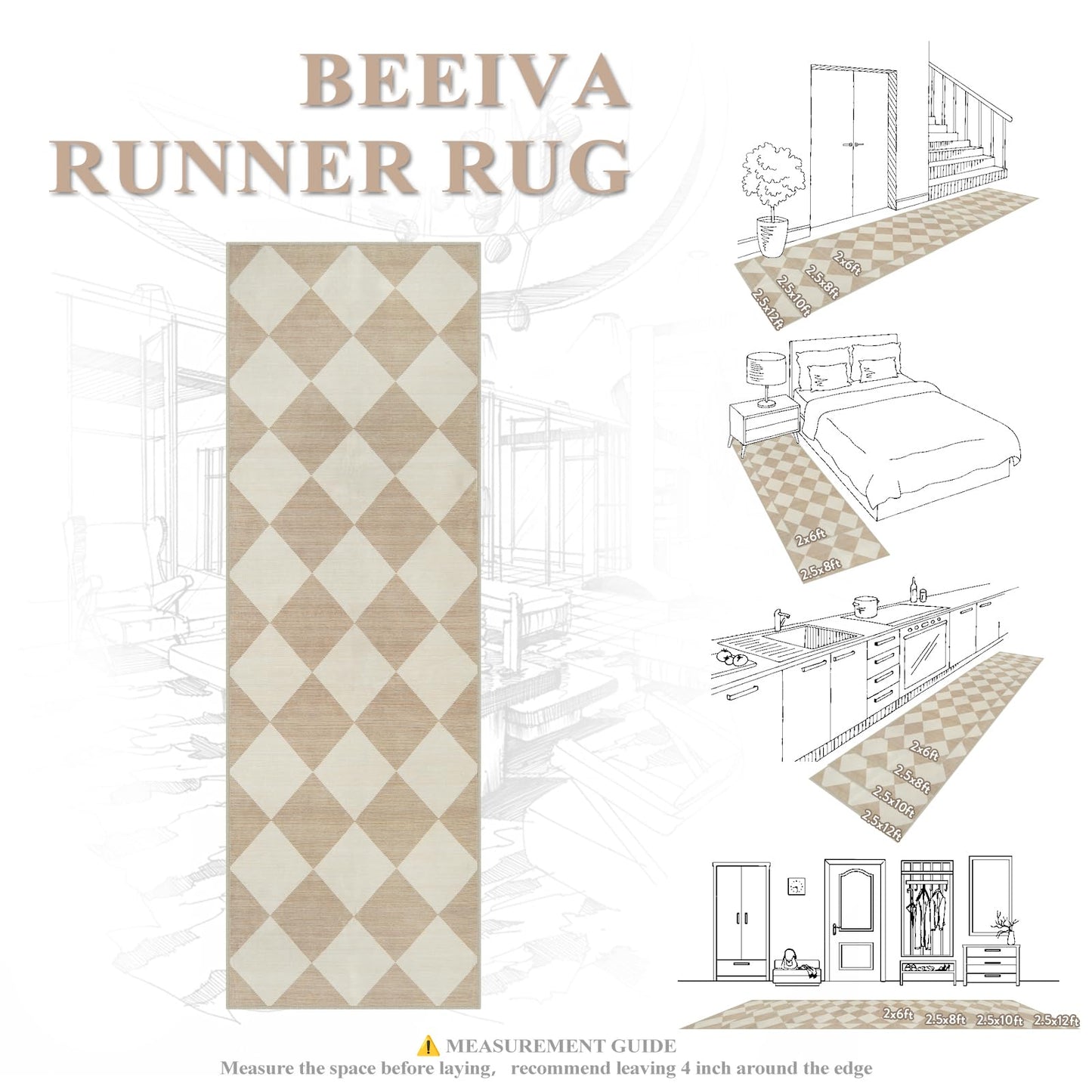Beeiva Checkered Print Long Hallway Runner Rug Non Slip, Beige Ultra Thin 2.5x10 Washable Runner Rug, Moroccan Trellis Home Decor Faux Wool Neutral Carpet for Bathroom Kitchen Hallways, 10ft
