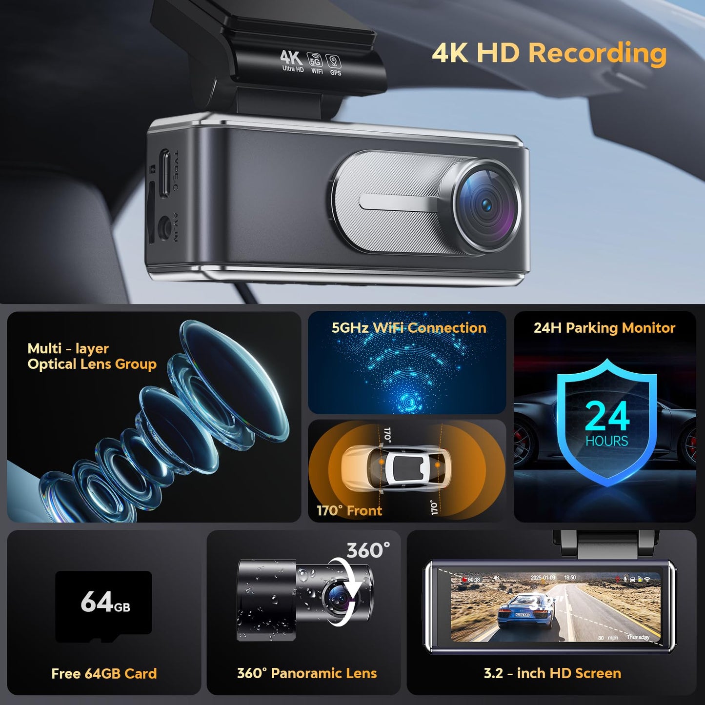 Csyibeielec Dash Cam Front and Rear - 4K HD Dual Dash Camera for Cars, Built-in 5G WiFi GPS, 64GB Card, Dashcam with 3.2" IPS Screen, UHD Night Vision, HDR, App Control, 24H Parking Monitor
