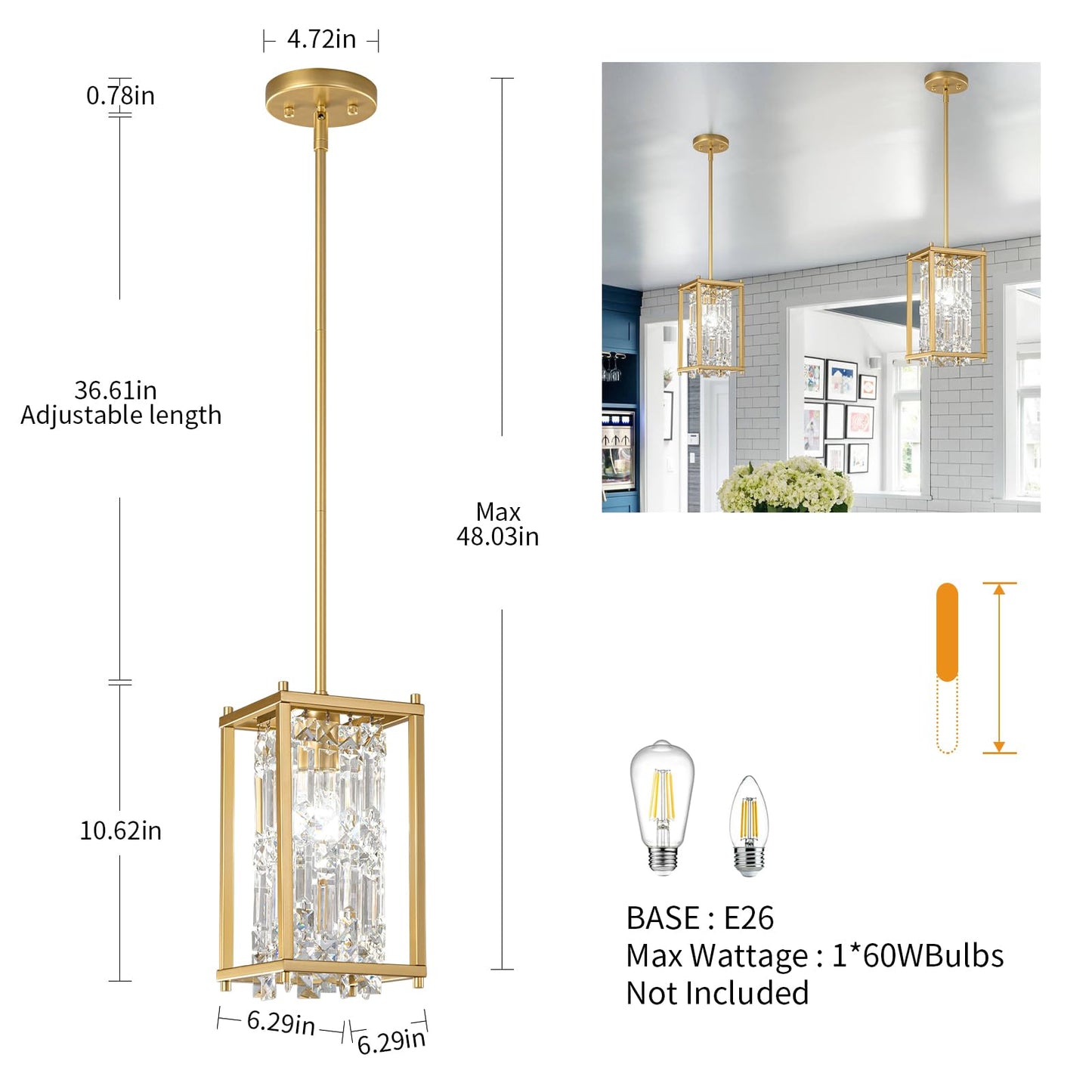 LMQNINE Modern Gold Pendant Light Fixtures for Kitchen Island, Crystal Chandelier Lights Fixture, Elegant Adjustable Pendant Lighting for Dining Room Bedroom (Square 1-Light)