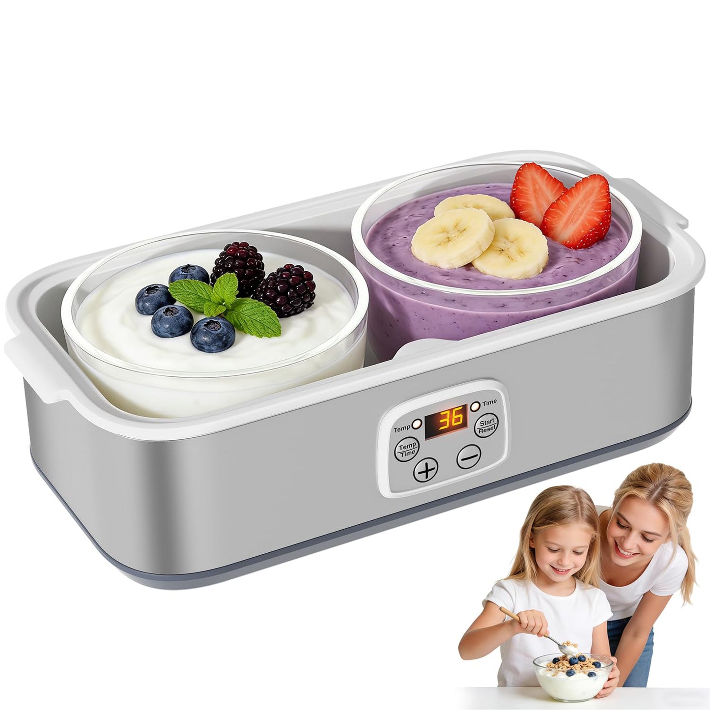 Yogurt Maker with Adjustable Time and Temp Control, Yogurt Maker Machine with Automatic Shut-Off & Constant Temper for Homemade Probiotic, Greek Yogurt, BPA-Free 2 Bowls