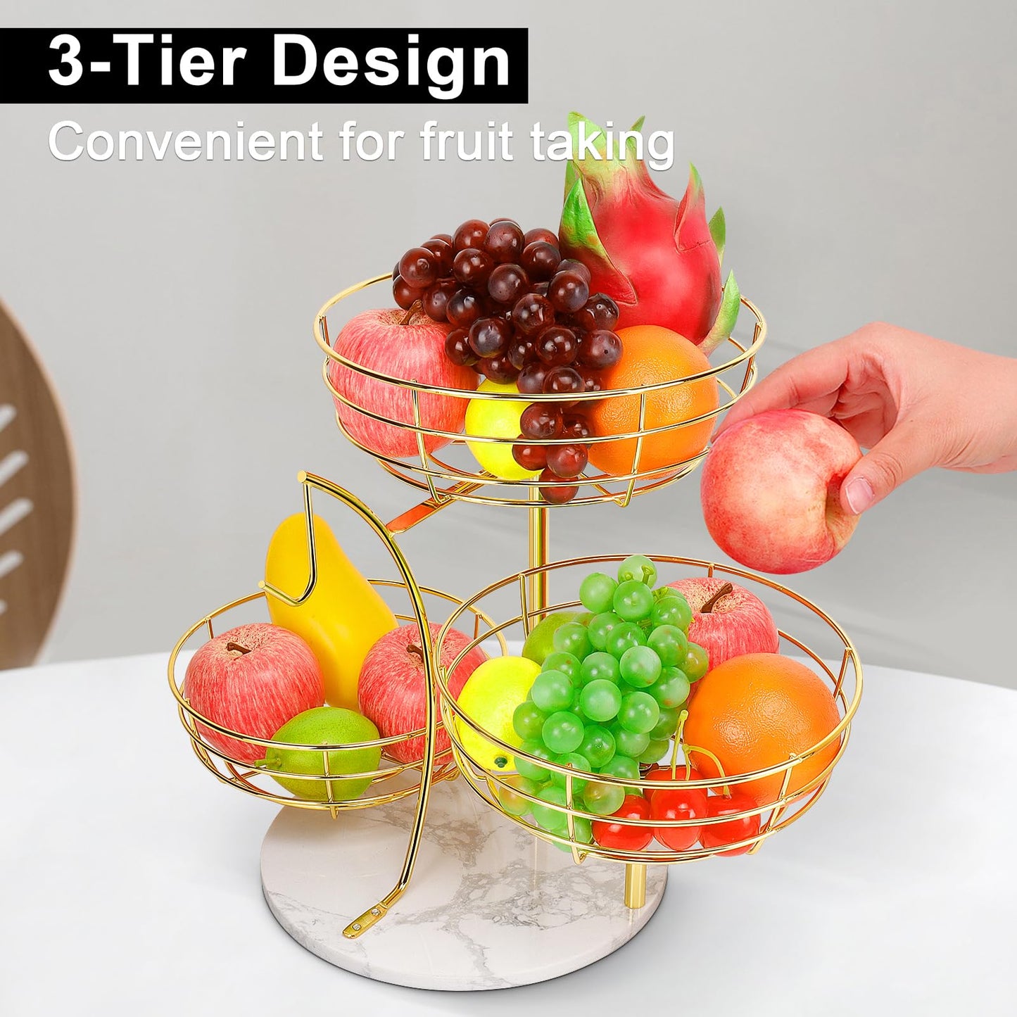 Livabber Fruit Basket Bowl with Banana Hanger, Metal Fruit Vegetable Storage Basket with Banana Holder for Kitchen Counter, Detachable Organizer for Bread Snack Produce (Gold, 3-Tier Marble Base)