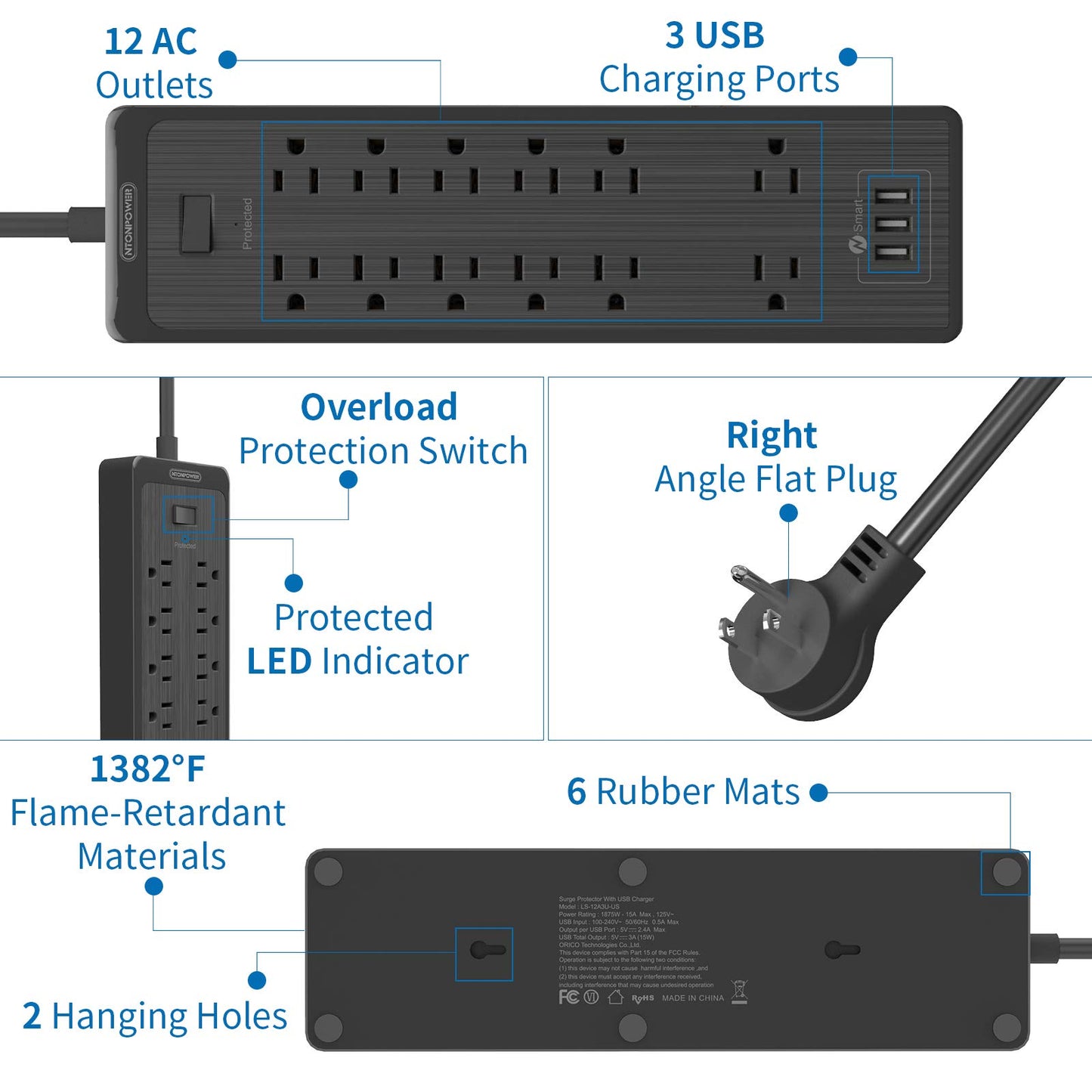 Flat Plug Extension Cord 25 Ft, NTONPOWER Surge Protector Power Strip with 12 Outlets(2 Widely Space) 3 USB, Overload Protection Switch, 2100 Joules, Wall Mount for Home Office and Workbench, Black