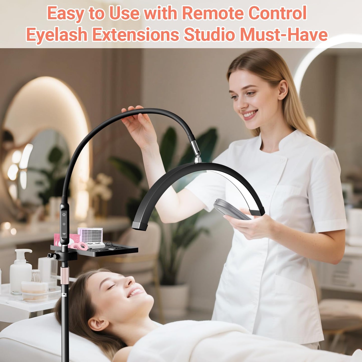 LIONVISON Half Moon Lash Light: 6500K LED Lamp Ring Light with Tray - 360° Flexible Gooseneck Durable Metal Stand - Salon Use for Lash Artists Eyelash Extensions (18In Black)
