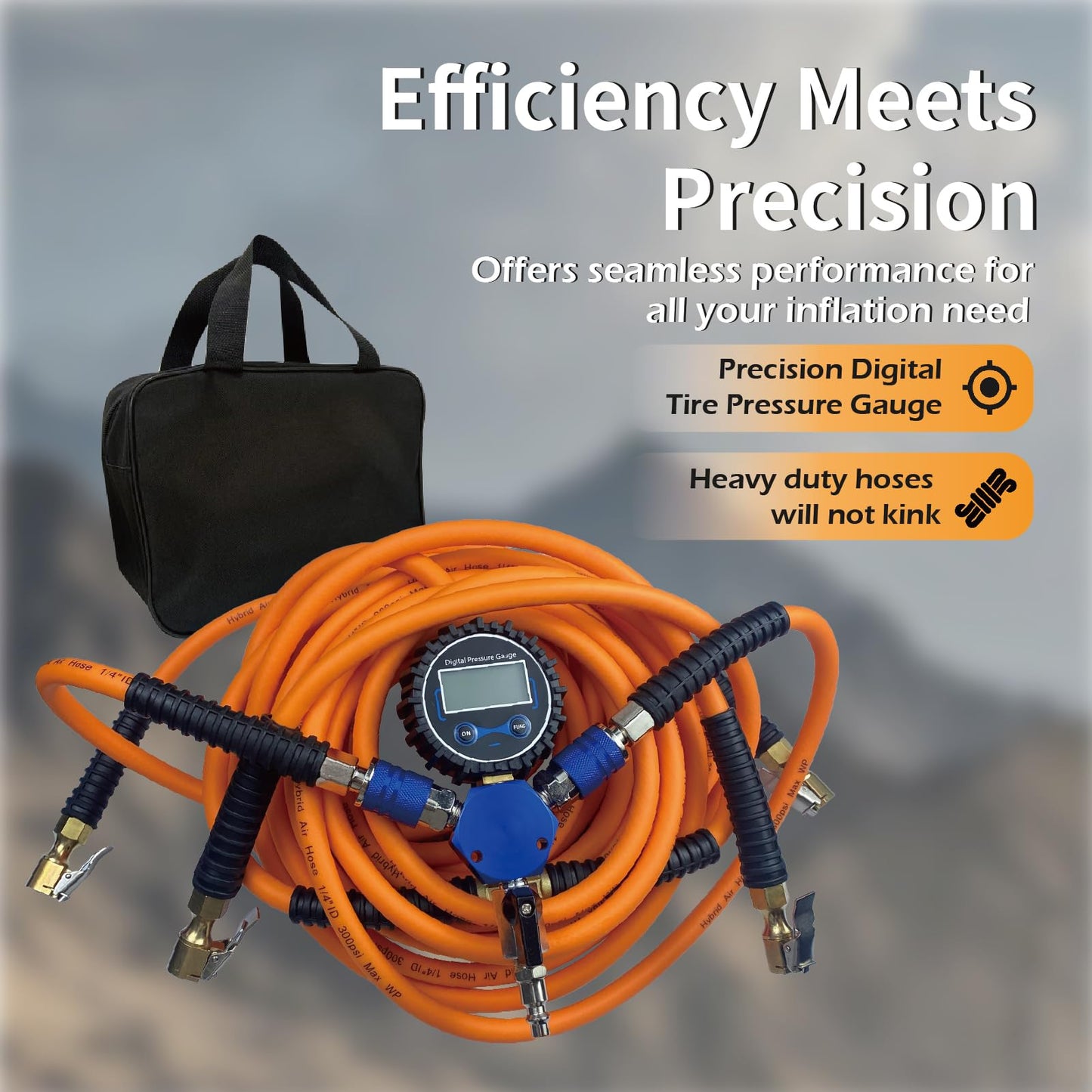 4 tire Inflation System,4 tire Inflation deflation System，4 Way tire inflator System with Closed Flow Air Chuck Digital Tire Pressure Gauge Compatible with HPA Tanks and Compressors