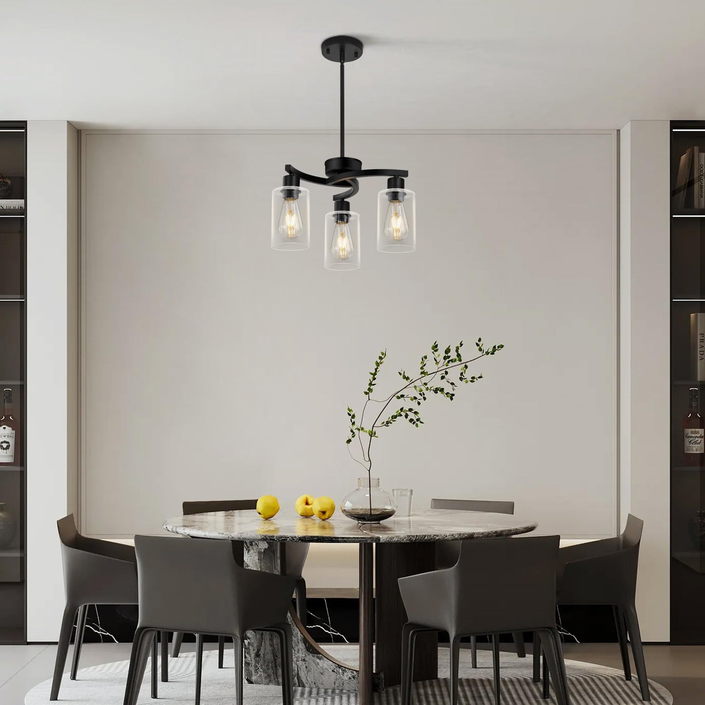 Syltherra 3 Light Modern Dining Chandeliers Over Table，Black Light Fixture for Dining Room，Farmhouse Chandelier with Glass Shade，Industrial Pendant Lights Kitchen Island，Foyer,Hallway, Bedroom